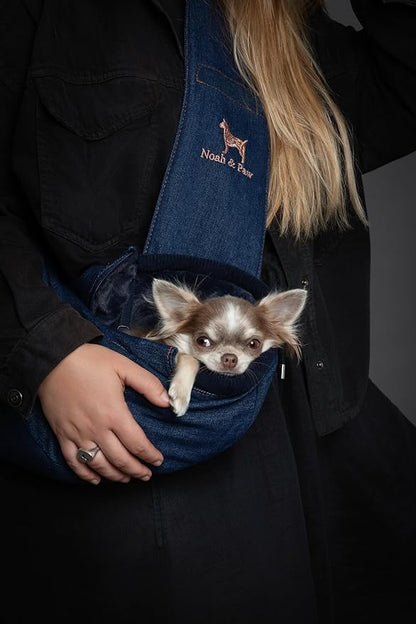 Noah & Paw Dog Sling Carrier for Small Dogs 3-10lb, Dog Sling for Small Dogs and Cats, Dog Carrier with Adjustable Padded Strap, Vegan Denim Lined with Fur, 3X Safety Features, Machine Washable