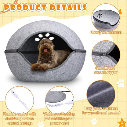 Beeveer Heated Cat Bed, Indoor Heated Cat Cave, Warmer Thermal Pet Bed with Removable Waterproof Heater for Kitty Small Dogs Gray(19.7X 17.8 x 13 Inches)