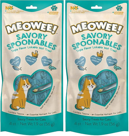 MEOWEE! Savory Spoonables with Real Tuna, Chicken & Duck, 4 Count Tube, Triple Flavor Squeezable Lickable Wet Treats for Cats with Built-in Spoon for Less Mess (Pack of 2)