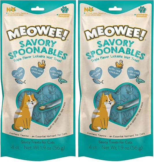 MEOWEE! Savory Spoonables with Real Tuna, Chicken & Duck, 4 Count Tube, Triple Flavor Squeezable Lickable Wet Treats for Cats with Built-in Spoon for Less Mess (Pack of 2)