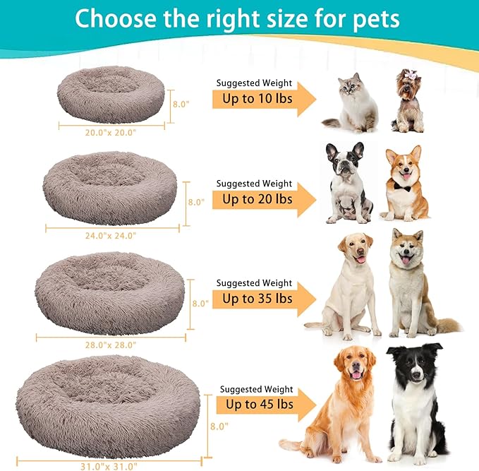 Calming Small Dog Bed, Donut Fluffy Anti-Anxiety Round Washable Cute Bed, Plush Cozy Cuddler Warming Soft Comfort Pet Bed for Small Medium Dogs Cats, 20inch,Brown