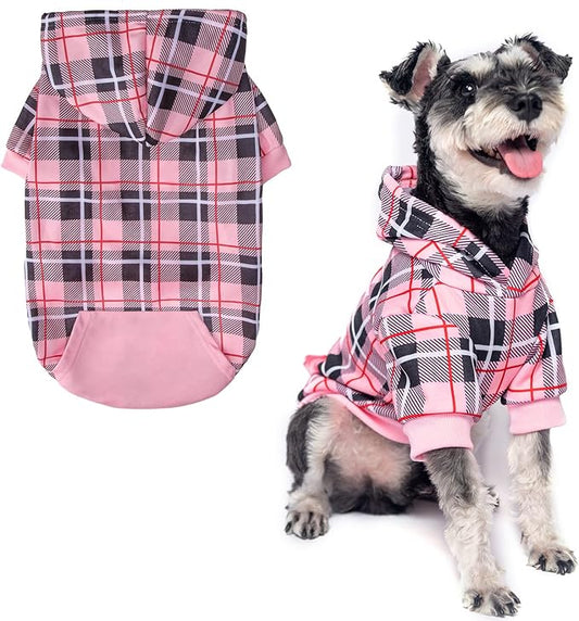 EXPAWLORER Plaid Dog Hoodie - British Style Warm Dog Sweater Shirt with Leash Hole,Pitbull Clothes Outfits,Winter Coat Apparel for All Breeds Puppy Girl Boy-Cat Apparel,Pink S-Medium