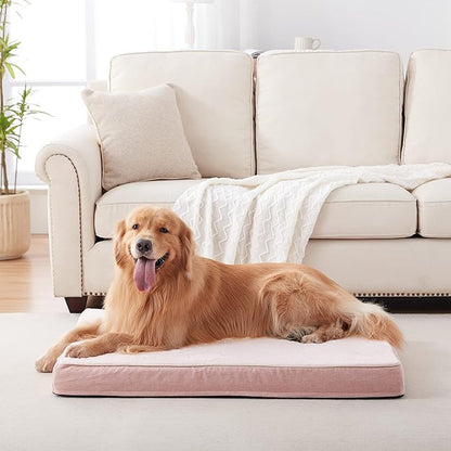 WATANIYA PET Memory Foam Orthopedic Large Dog Bed, Washable Dog Bed for Crate with Cooling Gel Mattress, Waterproof Liner and Plush Removable Cover for Extra Large Dogs (Pink)