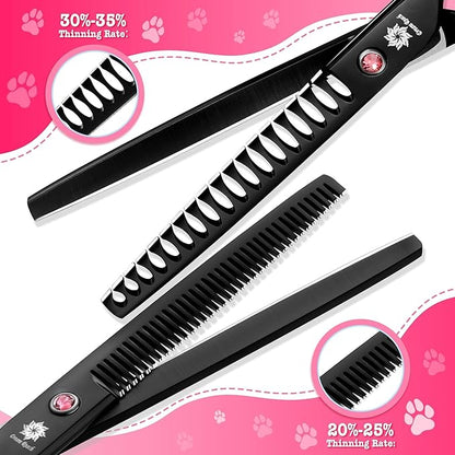 Dream Reach Dog Grooming Scissors - 7" Professional 6 in 1 Sharp Dog Shears Set Thinning, Chunker, Straight, Curved Shears and Comb for Dog Cat Pet, Pink
