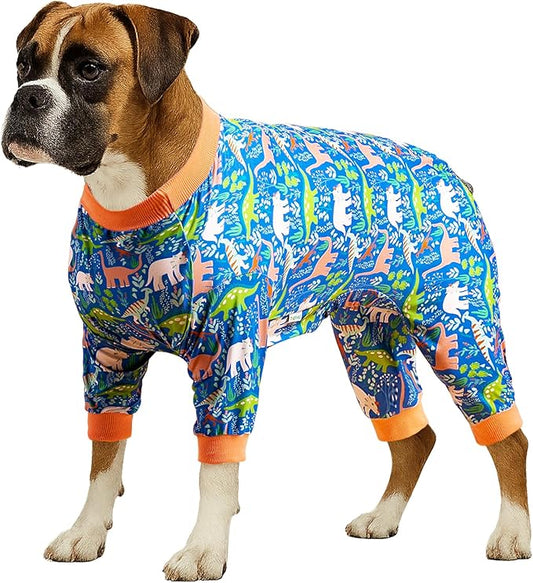 LovinPet Large Breed Dog Clothes Pajamas, Wound Care/Post Surgery Full Coverage Shirt, Dinosaur Land Blue Print, Lightweight Stretchy Knit Pullover Dog Onesie, Pet Pajamas for Dogs, Pet PJ's, L