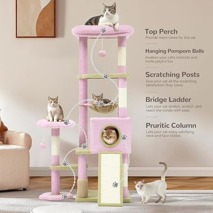 YITAHOME 61" Flower Cat Tree, Cat Tree Cute with Large Metal Frame Hammock, Silicone Tickling Column, Cat Scratched Board, 3 Sisal Scratching Posts, Aesthetic Cat Tower with Condo and Perches