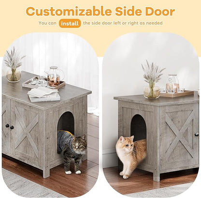 Shintenchi Cat Littler Box Enclosure, Litter Box Furniture Hidden with Removable Divider, Cat House with End Table, Grey, 31.5 inch