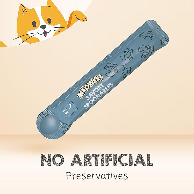 MEOWEE! Savory Spoonables with Real Tuna, Chicken & Duck, 8 Count Tube, Triple Flavor Squeezable Lickable Wet Treats for Cats with Built-in Spoon for Less Mess