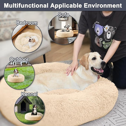 ELSKER&HOME Calming Dog Bed,Donut Washable Warming Soft Round 39 inches Dog Beds for Large Dogs,Anti-Anxiety Fluffy Plush Cushion Bed Fits up to 120 lbs Pets,Apricot