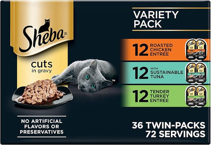 Sheba Perfect Portions Wet Cat Food Cuts in Gravy, Roasted Chicken Entree, with Sustainable Tuna, Tender Turkey Entree, 2.6 oz. Twin-Pack Trays (36 Count, 72 Servings)