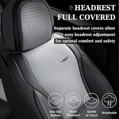 Coverado Car Seat Covers Full Set, Black Gray Seat Covers for Cars, Waterproof Nappa Leather Automotive Seat Covers with Lumbar Head Pillow, Car Seat Protectors, Universal Fit for Most Cars SUV
