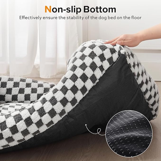 JOEJOY Dog Bed for Large Medium Small Dogs - Rectangle Orthopedic Dog Sofa Bed, Cute Modern Puppy Bed with Jacquard Shaggy Plush & Anti Slip Bottom, 30x24x9inches, Grey