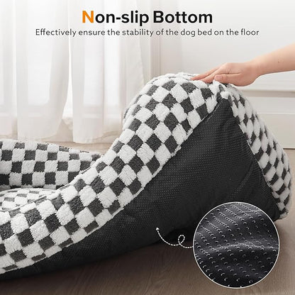 JOEJOY Dog Bed for Large Medium Small Dogs - Rectangle Orthopedic Dog Sofa Bed, Cute Modern Puppy Bed with Jacquard Shaggy Plush & Anti Slip Bottom, 30x24x9inches, Grey