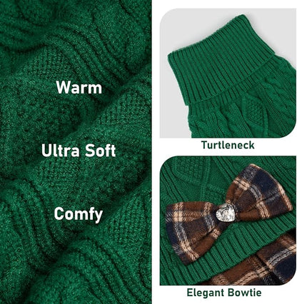 KYEESE Dog Sweater Comfy Dog Sweaters for Medium Dogs Boy Soft Pullover Dogs Clothes Warm Turtleneck Pets Sweaters with Bowtie Thick Knitwear Pet Sweater Dress Stretchy Pet Coats, Green, XX-Large