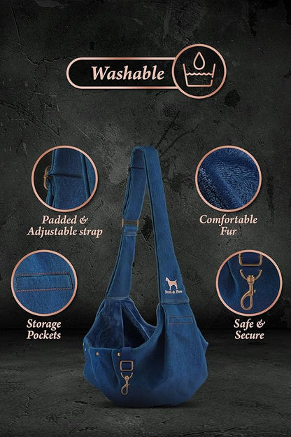 Noah & Paw Dog Sling Carrier for Small Dogs 3-10lb, Dog Sling for Small Dogs and Cats, Dog Carrier with Adjustable Padded Strap, Premium Denim, Lined with Fur, Double Safety Feature, Machine Washable