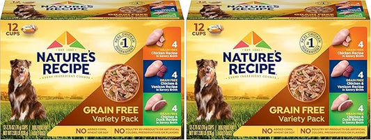 Nature's Recipe Grain Free ChickenRecipe, Chicken & VenisonRecipe and Chicken & Duck Recipe in Savory Broth Variety Pack Wet Dog Food, 2.75 oz. Cups,(Pack of 48)