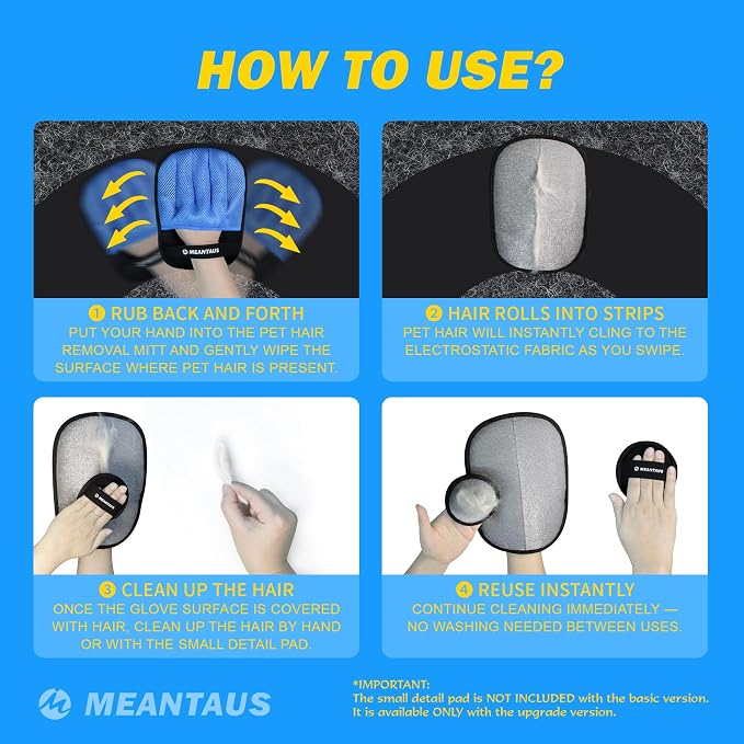 Reusable Electrostatic Pet Hair Removal Glove for Dogs & Cats with Self-Cleaning Pad - Works on Furniture, Clothing, Bedding & Car Seats