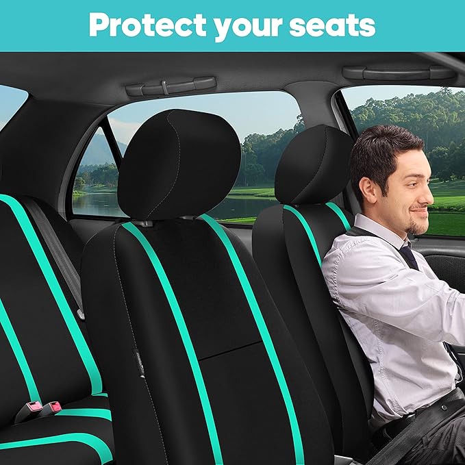 FH Group Car Seat Covers Full Set Cloth - Universal Fit Automotive Seat Covers, Low Back Front Seat Covers, Solid Back Seat Cover, Washable Car Seat Cover for SUV, Sedan and Van Mint