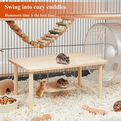 Large Natural Wooden Hamster Activity Platform with Hanging Swing, Multi-Layer Play Platform, Suitable for Climbing Toys for Small Animals Such as Dwarf Hamsters and Syrian Hamsters to Play with