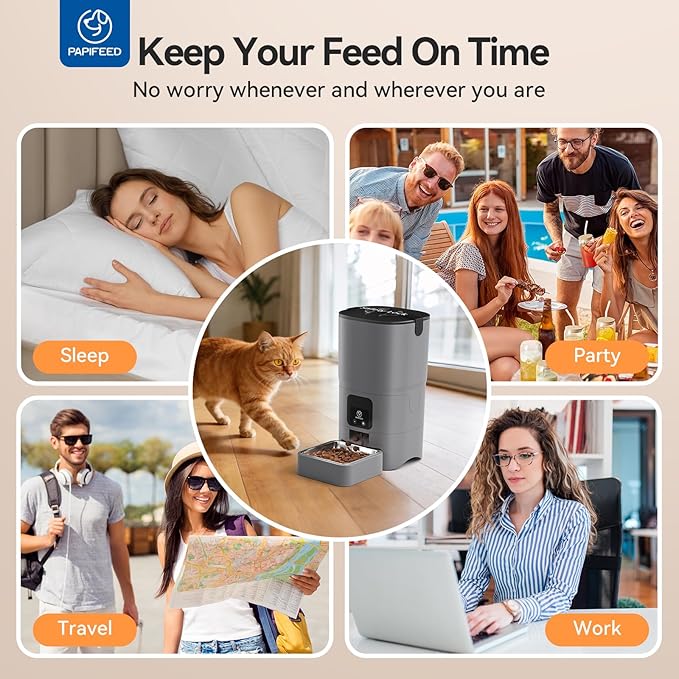 PAPIFEED Automatic Cat Feeder, 2.4G WiFi Cat Food Dispenser with App Control, 6L Timed Cat Feeders for Dry Food, Detachable for Easy Clean, Dual Power Supply, up to 10 Meals per Day, Gray
