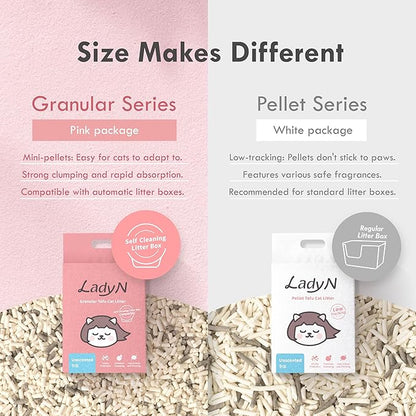Lady N Pellet Tofu Cat Litter, Strong Clumping Ultra Absorbent, Dust-Free Low Tracking, Enviro-probiotic and Activated Carbon for Odor Control 9lb (1 Pack Unscented)