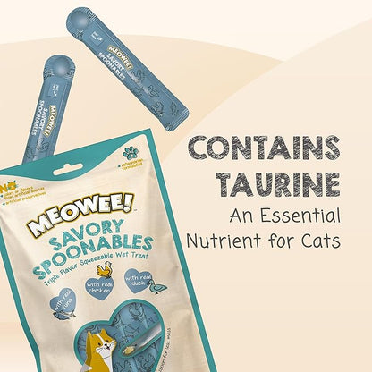 MEOWEE! Savory Spoonables with Real Tuna, Chicken & Duck, 8 Count Tube, Triple Flavor Squeezable Lickable Wet Treats for Cats with Built-in Spoon for Less Mess (Pack of 2)