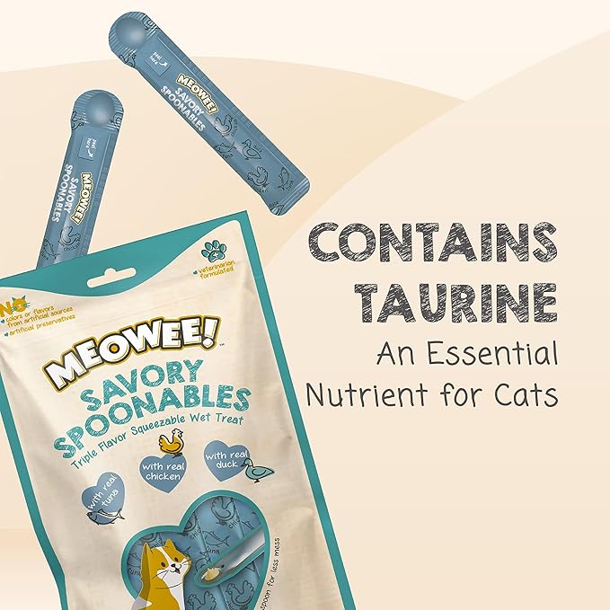MEOWEE! Savory Spoonables with Real Tuna, Chicken & Duck, 8 Count Tube, Triple Flavor Squeezable Lickable Wet Treats for Cats with Built-in Spoon for Less Mess