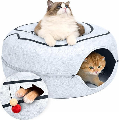 Meowfia Hideout Peekaboo Cat Cave – Donut Tunnel Bed Enclosure for Indoor Cats – Multi-Cat Hideaway in Cute Patterns (Dark Grey)