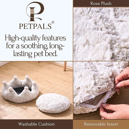 PetPals Round Cat Bed with Removeable and Washable Cushion, Super Soft Rose Patten Faux Fur Pet Bed for Puppy and Kitten with Anti-Slip Bottom (Rose Crown)