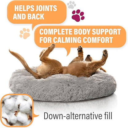 Active Pets Calming Plush Dog Bed Donut Joint Support Anxiety Relief Washable Pet Bed with Removable Cover for Dogs Cats, Large 36", Beige