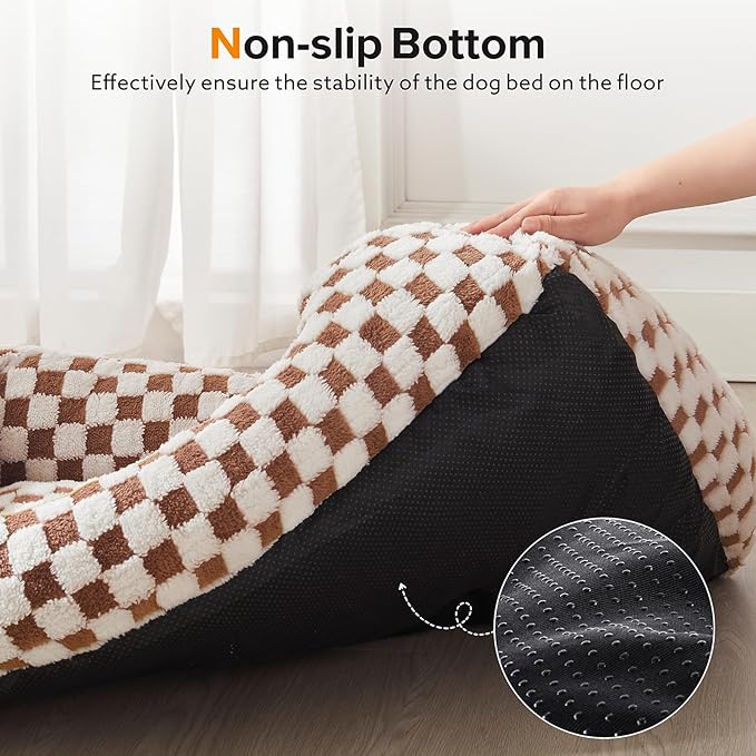 JOEJOY Dog Bed for Medium Small Dogs - Rectangle Orthopedic Dog Sofa Bed, Cute Modern Puppy Bed with Jacquard Shaggy Plush & Anti Slip Bottom, 25x21x8inches, Brown