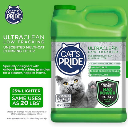 Cat's Pride Max Power: UltraClean Low Tracking Multi-Cat Clumping Litter - Keeps Paws & Home Clean - Up to 10 Days of Powerful Odor Control - 99% Dust Free - Unscented,15 Pounds,(Pack of 2)