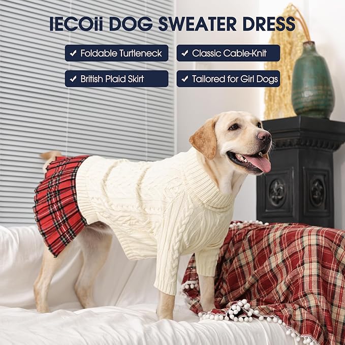 IECOii Girl Dog Sweater Dress - Cable Knit Dog Sweater for Small Dogs Girl - Beige,Medium, Turtleneck Pullover Sweaters with Tartan Plaid Skirt, Adorable Warm Dog Knitted Dress for Christmas