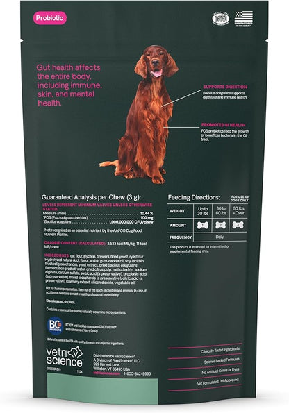 VetriScience Gut Health Chews, Probiotic Everyday Digestive Supplement for Dogs, Pet Probiotics for Digestion Support, Gas and Diarrhea, Immune Support, 1 Billion CFU Per Chew, Duck, 45 Count