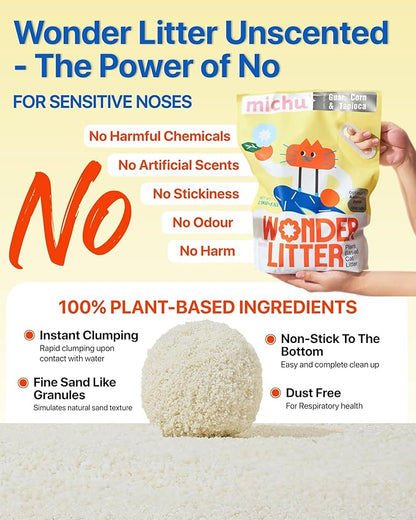Michu Wonder Cat Litter, Cassava Plant-Based Cat Litter, Automatic Litter Box Friendly, Flushable & Fast Clumping, Low Dust Odor Control, 5.5lb/88oz - Unscented 6 Pack