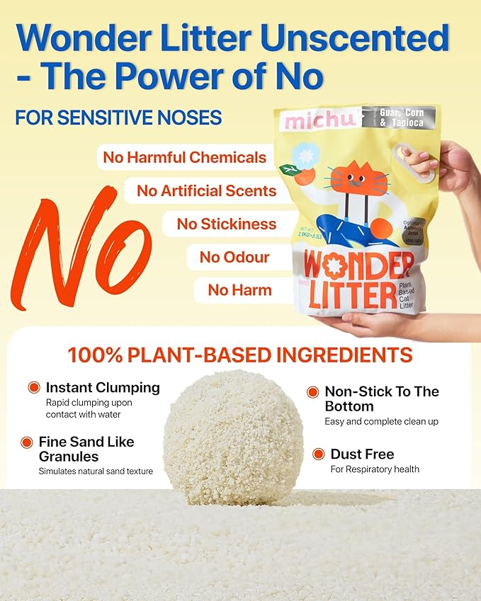 Michu Wonder Cat Litter, Cassava Plant-Based Cat Litter, Automatic Litter Box Friendly, Flushable & Fast Clumping, Low Dust Odor Control, 5.5lb/88oz - Unscented 3 Pack