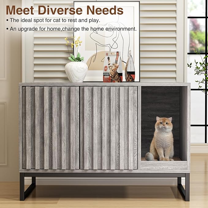 Halitaa Litter Box Enclosure, Modern Cat Litter Box Enclosure Furniture Hidden Litter Box with Cat Scratch Pad, Cat Washroom Cat House End Table, Entryway Bench for Livingroom (Grey)