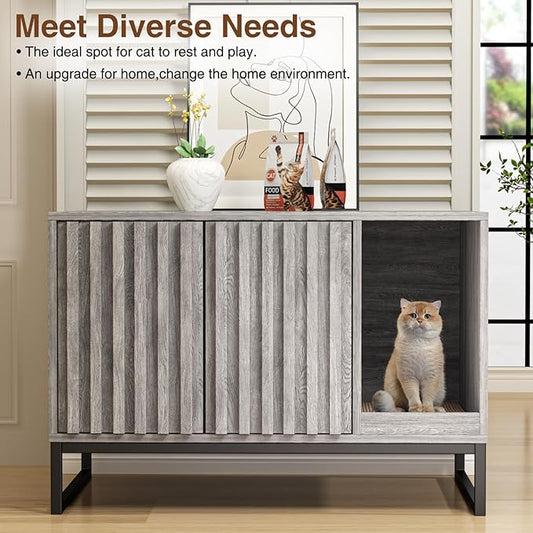 Halitaa Litter Box Enclosure, Modern Cat Litter Box Enclosure Furniture Hidden Litter Box with Cat Scratch Pad, Cat Washroom Cat House End Table, Entryway Bench for Livingroom (Grey)