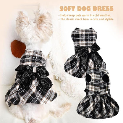 Yikeyo Dog Sweater Dress, Winter Plaid Dog Dress for Small Dogs Girl, Winter Warm Fleece Lining Female Small Dog Clothes, Pet Outfits Coat, Cat Apparel for Holiday, New Year, Valentine’s Day,XS,Black