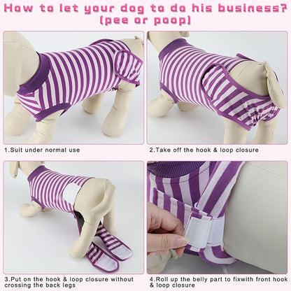 2 Packs Breathable Cotton Dog Recovery Suit for After Neuter Spay Abdominal Wounds Protector, Professional Anti-Licking Onesies for Male Female Pets Surgery Bandages, M Purple & Pink Stripes