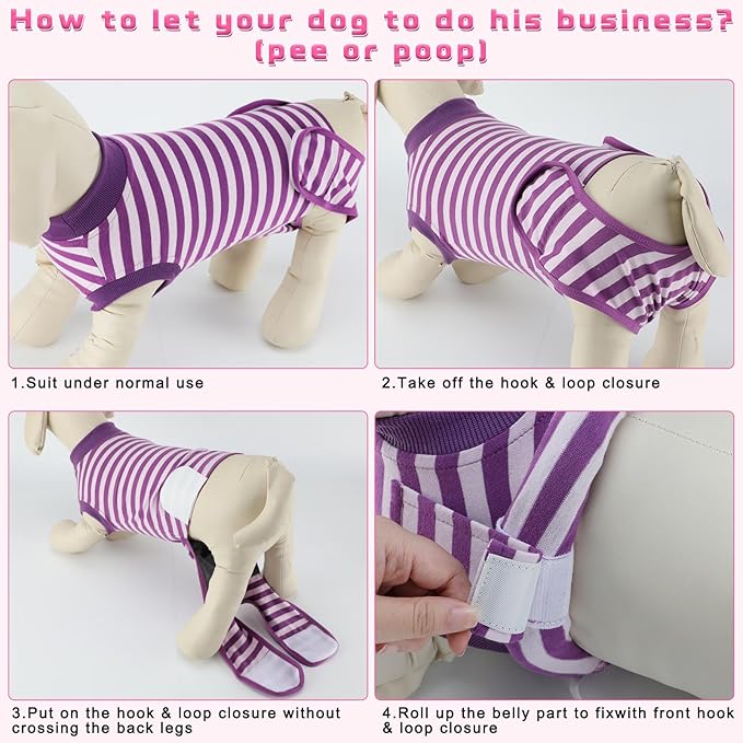 2 Packs Breathable Cotton Dog Recovery Suit for After Neuter Spay Abdominal Wounds Protector, Professional Anti-Licking Onesies for Male Female Pets Surgery Bandages, S Purple & Pink Stripes