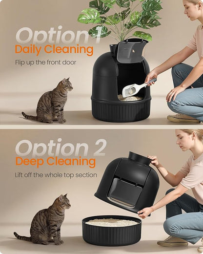 Feandrea Plant Cat Litter Box Enclosure with Artificial Plant, Enclosed Hidden Litter Box Furniture with Door, Carbon Filter, Odor Control, Pebbles, Scoop, Brush, Ink Black UPPT006B101