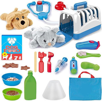 34-Piece Kids Pretend Vet Playset, Veterinarian Role Play Doctor Toy Kit with Plush Dog & Cat, Pet Care Grooming Set with Carrier & Medical Tools