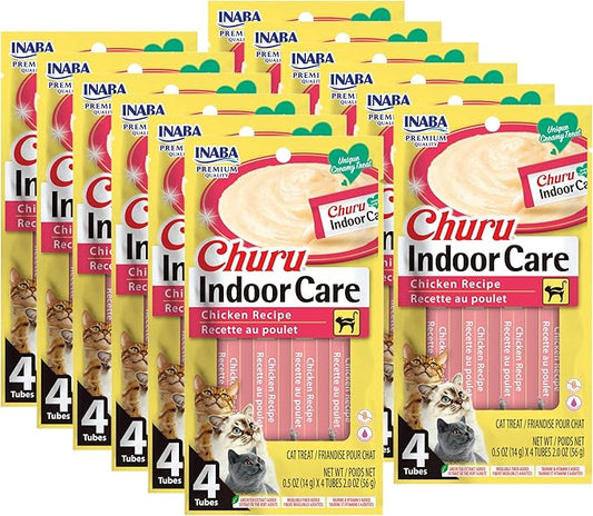 INABA Churu for Cats, Functional, Creamy Lickable Purée Cat Treat for Indoor Care and Hairball Control with Taurine & Vitamin E, 0.5 Ounces Each, 48 Tubes (4 per Pack), Chicken Recipe