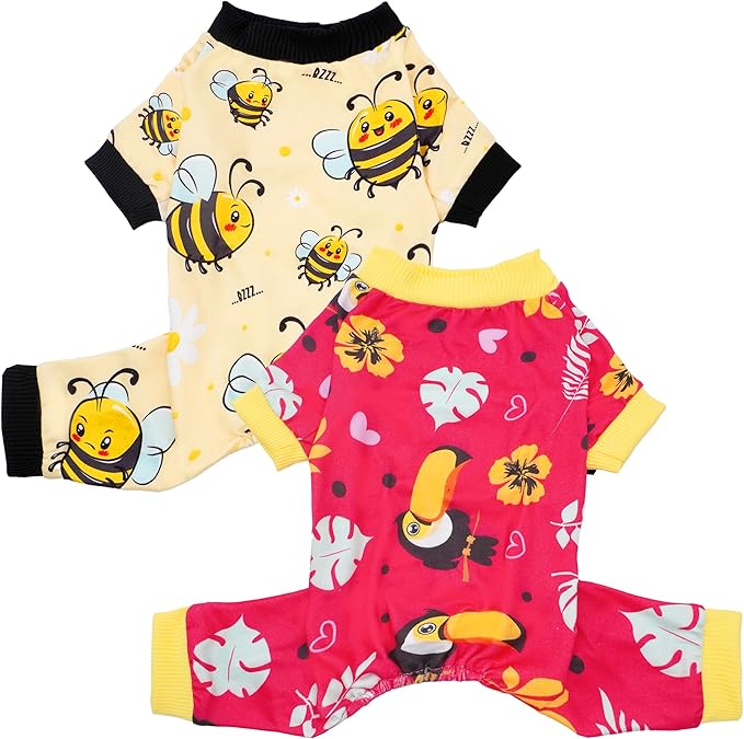 2PCS Dog Pajamas for Large Sized Dogs Pjs Onesies Outfits Pet Jammies Boy Girl Male Female Apparel Toucan Bee Pattern Soft Lightweight Stretch Clothing L
