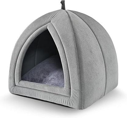 Amazon Basics Cat Cave Bed, 2-in-1 Foldable House for Indoor Cats, with Washable Cushion and Non-Slip Base, 15 x 15 Inches, Small, LightGray