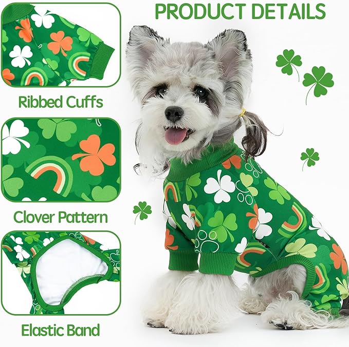 XPUDAC Dog Pajamas St. Patrick's Day Soft Dog Onesie Shamrock Puppy Clothes Comfy Stretchy Pet Outfit for Small Medium Dogs, S
