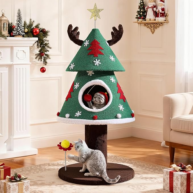 YITAHOME Christmas Cat Tree, 47.2in Christmas Tree Cat Tower with Teaser Ball, Festive Kitty Bed Furniture for Small Cats