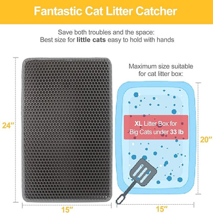 LeToo Cat Litter Mat Grey Trapping for Litter Box, No Slip & Large, Urine & Waterproof, Honeycomb Double Layer Anti Tracking Kitty Mats, No Phthalate, Washable Easy Clean (24" x 15", Grey)