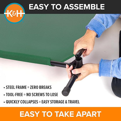 K&H Outdoor Elevated Dog Bed - Cooling Raised Dog Bed for Medium & Large Pets, Breathable Mesh Hammock Design, Indoor/Outdoor Washable Cover, Portable Metal Frame, Green, Large 42x30in